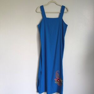 Vintage Dana Kay Blue Linen Blend Embroidered Floral Midi Sheath Dress Womens 14